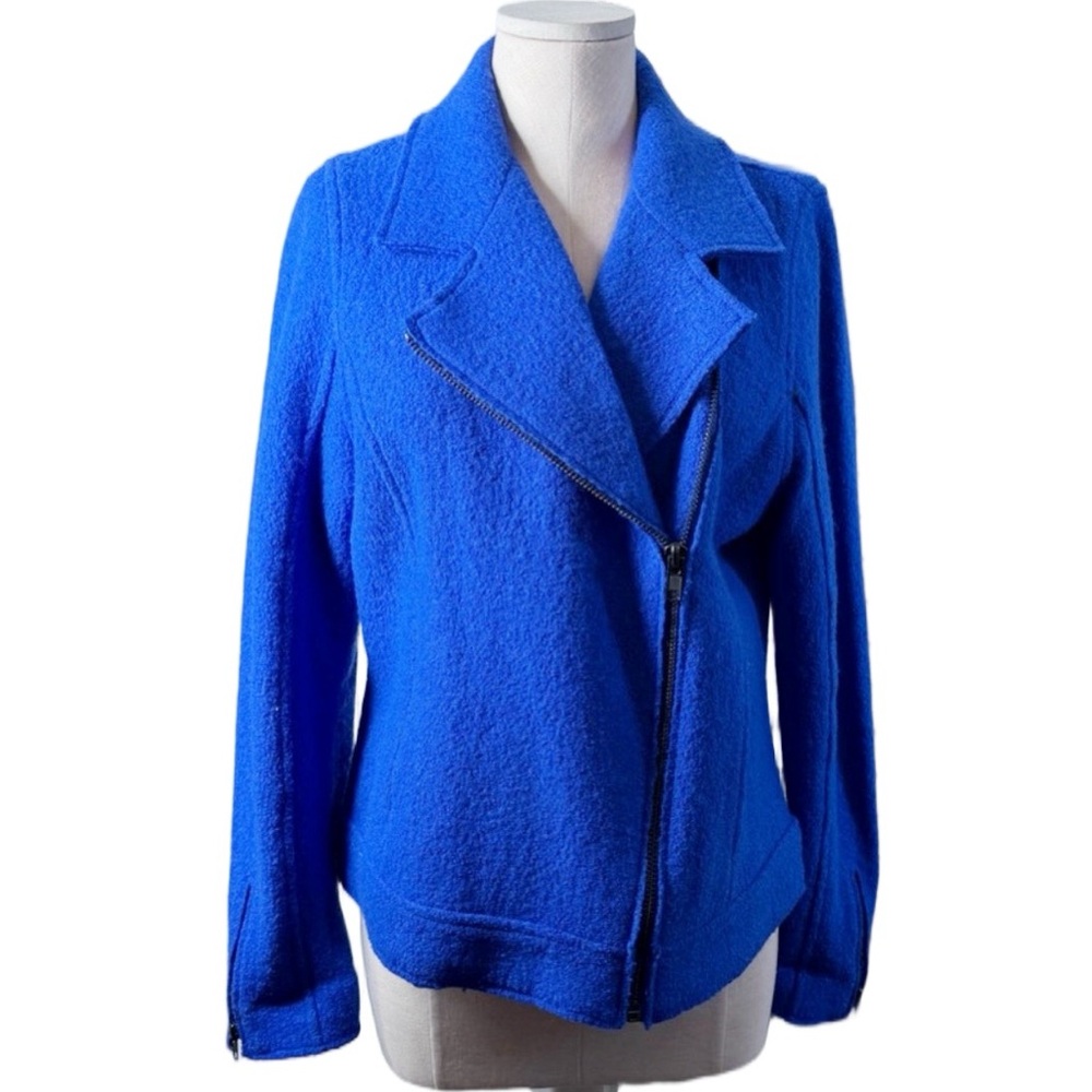Tahari Blue Moto Jacket Asymmetrical Zip Textured Coat Women’s Medium